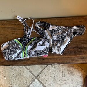 Victorias Secret Bikini Top Black Floral Bali Wave Mesh High Neck Crop Small S